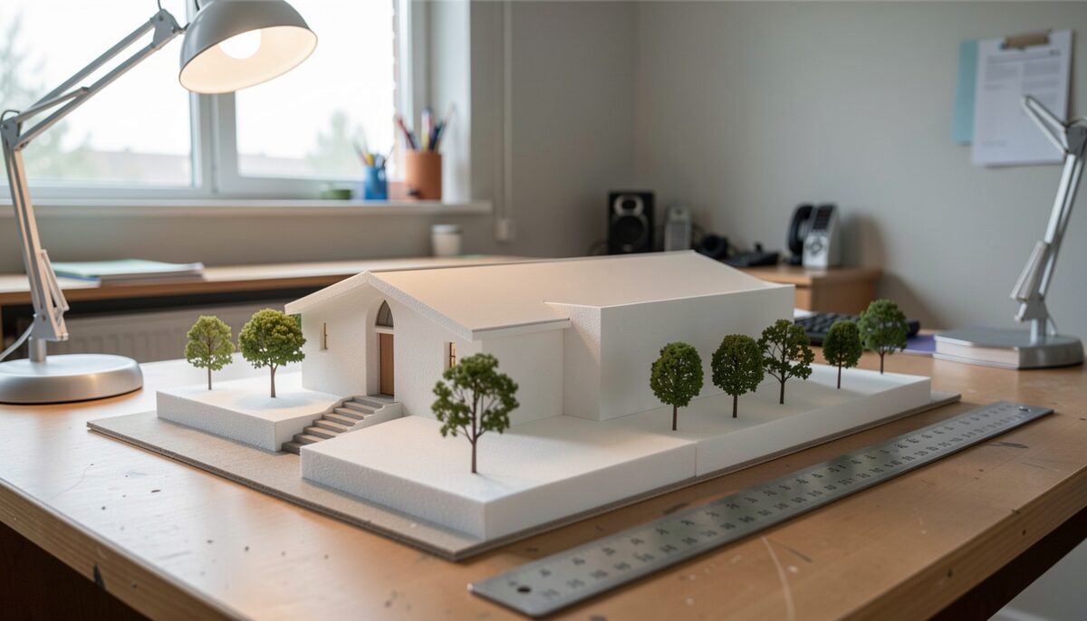An architectural scale model of a low modern church building in white foam on a worktable, tiny trees, a measuring ruler, desk lamp light, documentary photograph
