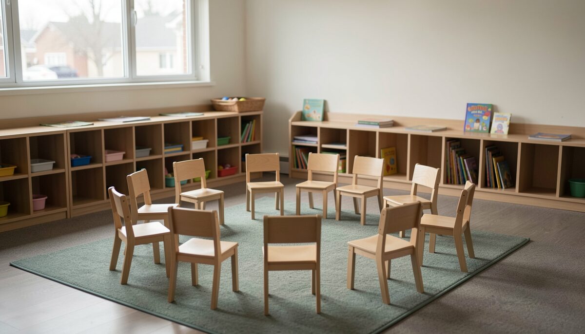 A children's church classroom with small chairs arranged in a circle on a carpet square, wooden cubbies along one wall, a low bookshelf, soft window light, no readable text or posters, no people, documentary photograph