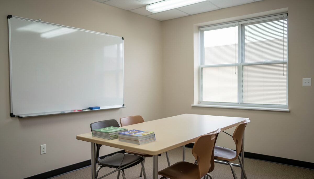 A small classroom with a folding table, a stack of English-learning workbooks, a whiteboard wiped mostly clean, plastic chairs, a window with blinds, fluorescent light, no readable text on any surface, no people, documentary photograph