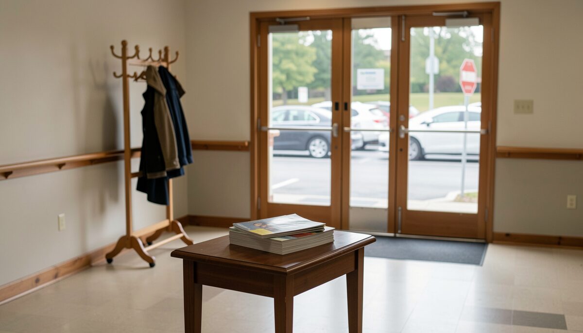 A church lobby interior with a small welcome table holding a stack of folded brochures face down, a coat rack, double doors opening toward a parking lot, morning light, no readable text on any surface, no people, documentary photograph