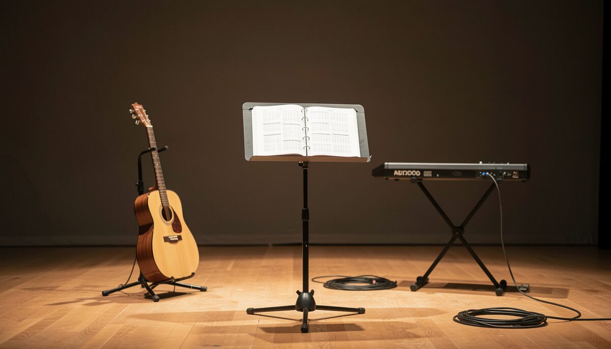 An empty church stage with a music stand holding an open binder of chord charts, an acoustic guitar on a stand, a keyboard on a rack, folded cables, warm stage light off, plain dark backdrop, no readable text, no people, documentary photograph