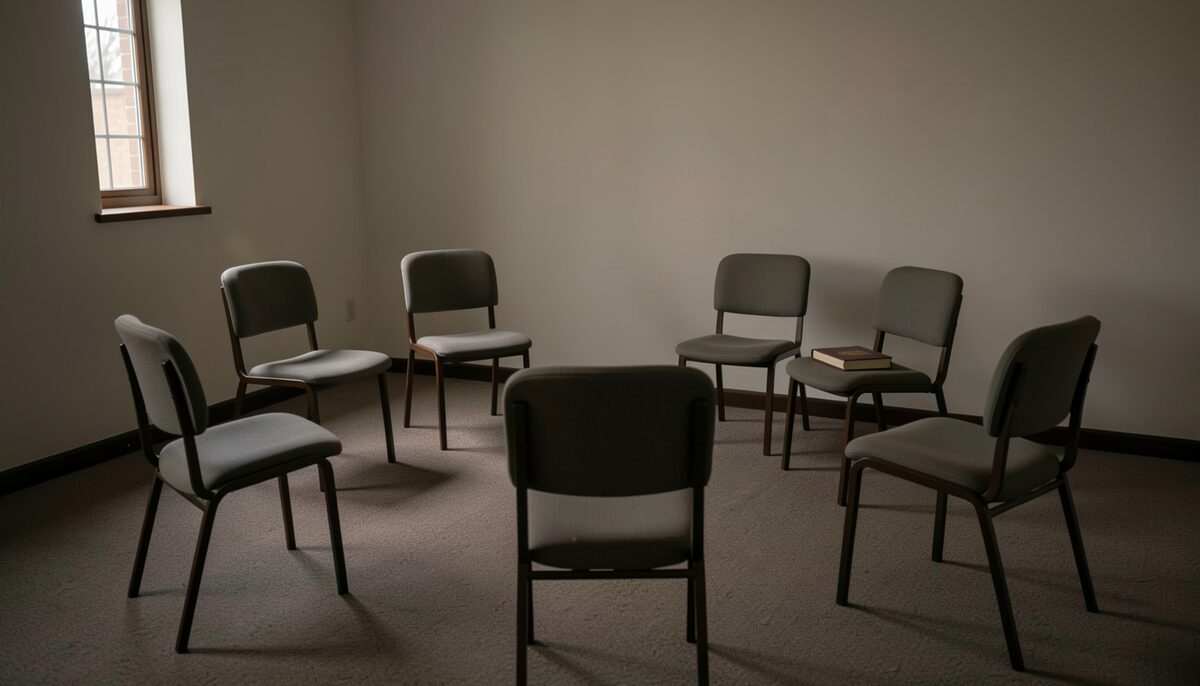 Six simple chairs arranged in a loose circle in a plain side room of a church, a single Bible left on one seat, evening light through a narrow window, carpeted floor, no readable text, no people, documentary photograph