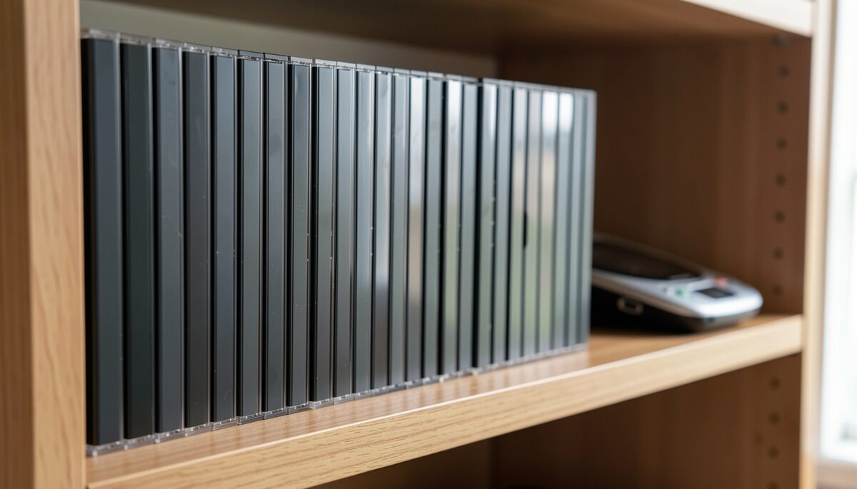 A tall wooden shelf holding a neat row of identical plain black CD jewel cases seen edge-on, a portable CD player beside them, soft indoor light, documentary photograph