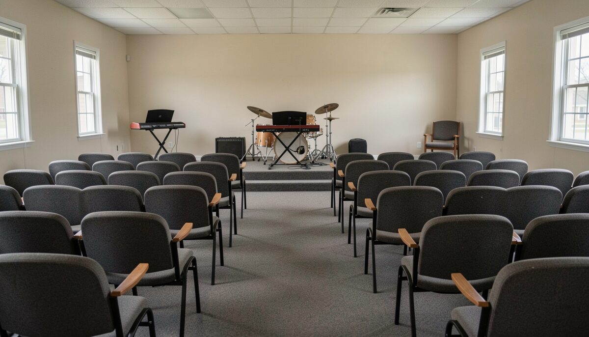 A modest suburban church sanctuary photographed on a weekday, rows of padded chairs facing a small stage with a keyboard and a drum kit, carpeted floor, plain walls, daylight through side windows, no people, no readable text, documentary photograph