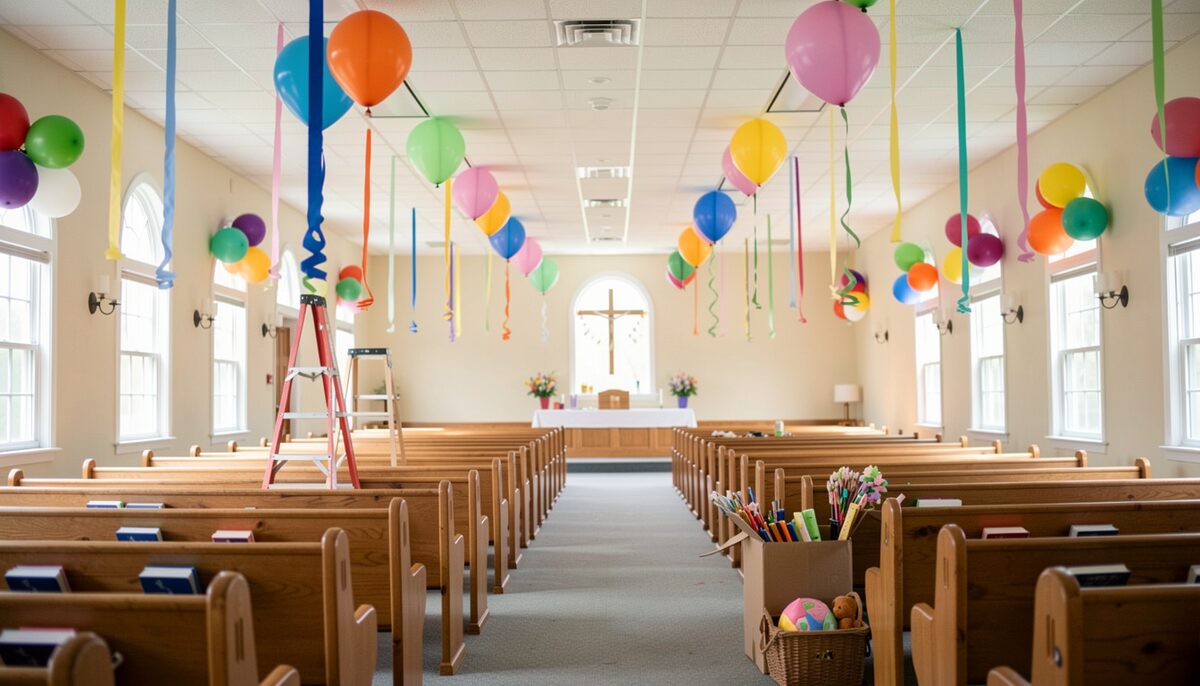 A church sanctuary decorated for a children's summer week, colored balloons and paper streamers hanging from the ceiling, a ladder and craft supplies, bright daylight, no people, documentary photograph