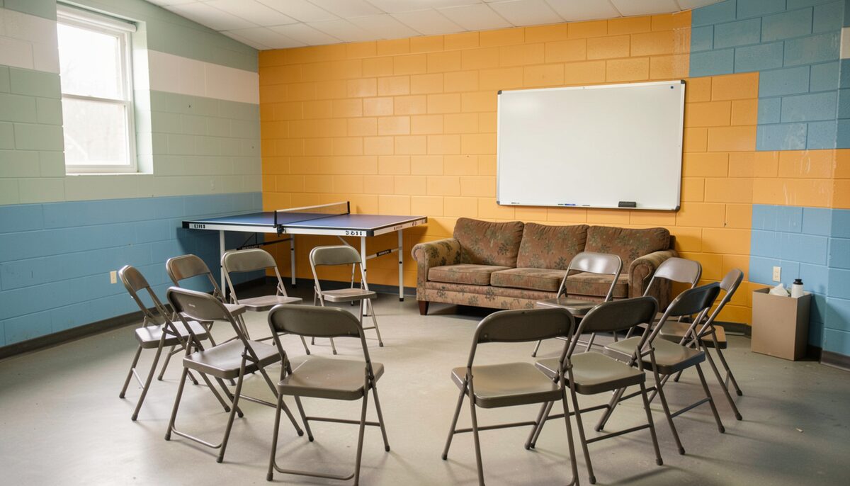 A church basement youth room with a circle of metal folding chairs, a folded ping-pong table against the wall, a worn sofa, a whiteboard, cinder block walls painted bright, no readable text or posters, no people, documentary photograph